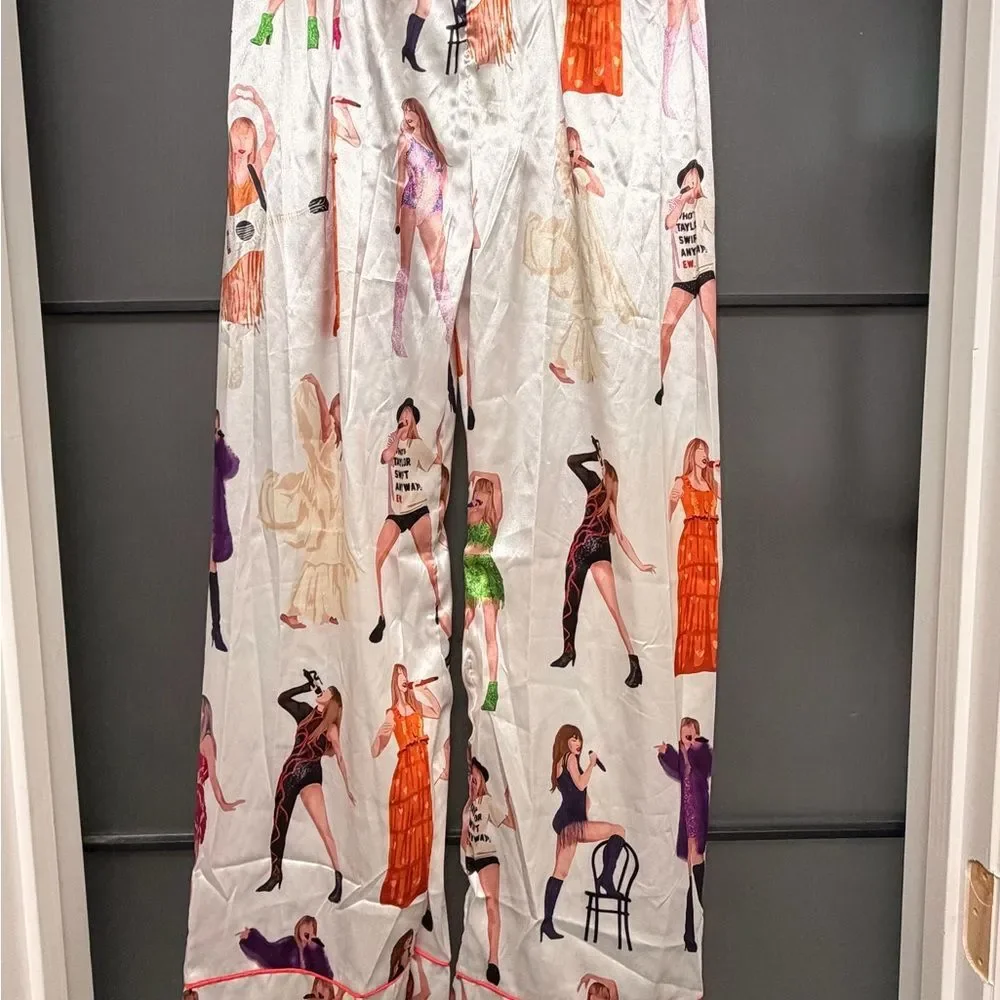 Taylor Swift Eras Inspired White Satin PJ Set Button Top & Pants Red Women Large - Picture 4 of 4